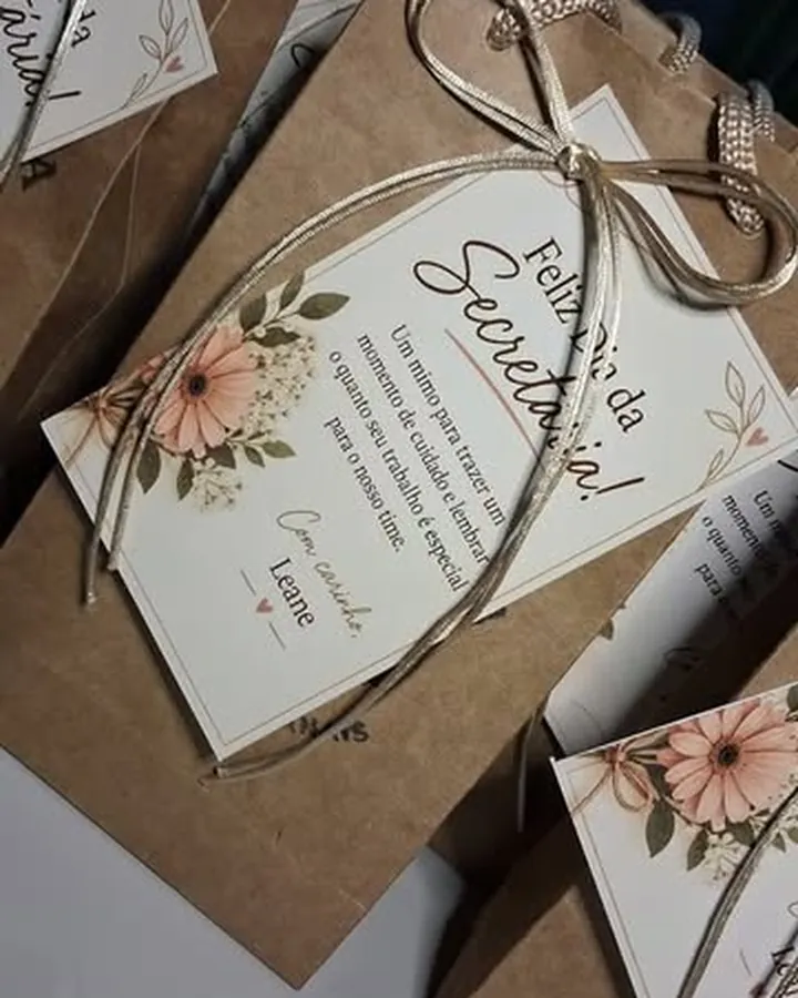 Sacolas kraft com laço dourado e cartão de Feliz Dia da Secretária